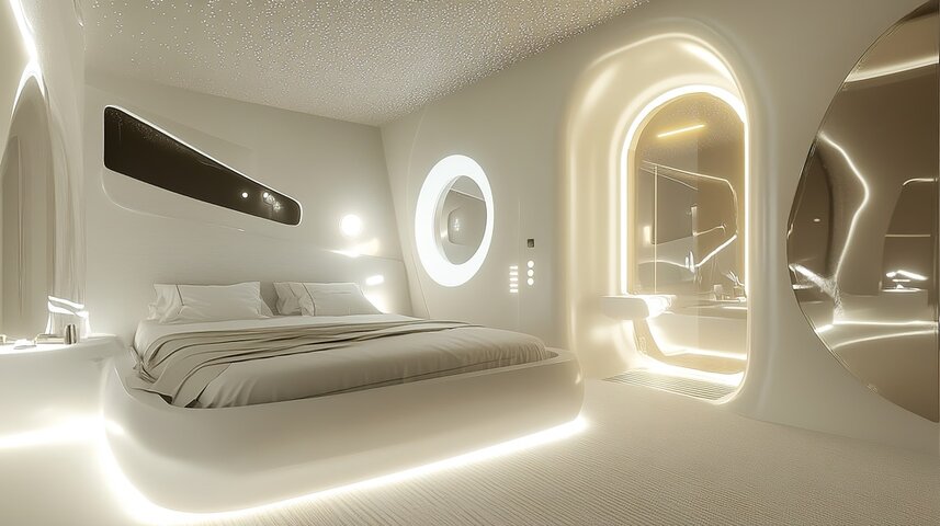 غرفة فندق مستقبلية مع إضاءة LED الذكية