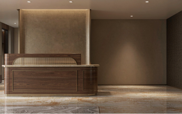 مكتب الاستقبال: خشب جوز وتفاصيل نحاسية